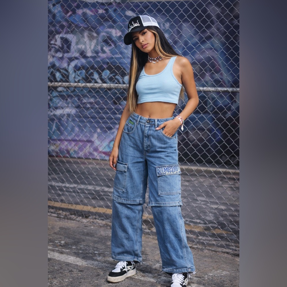 Empyre Tori Shindig Zip-Off Cargo Jeans Blue Size 10 Y2K Baggy Skater